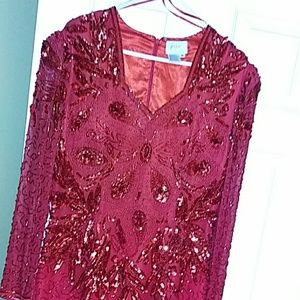Long sleeve red beaded sequence dress